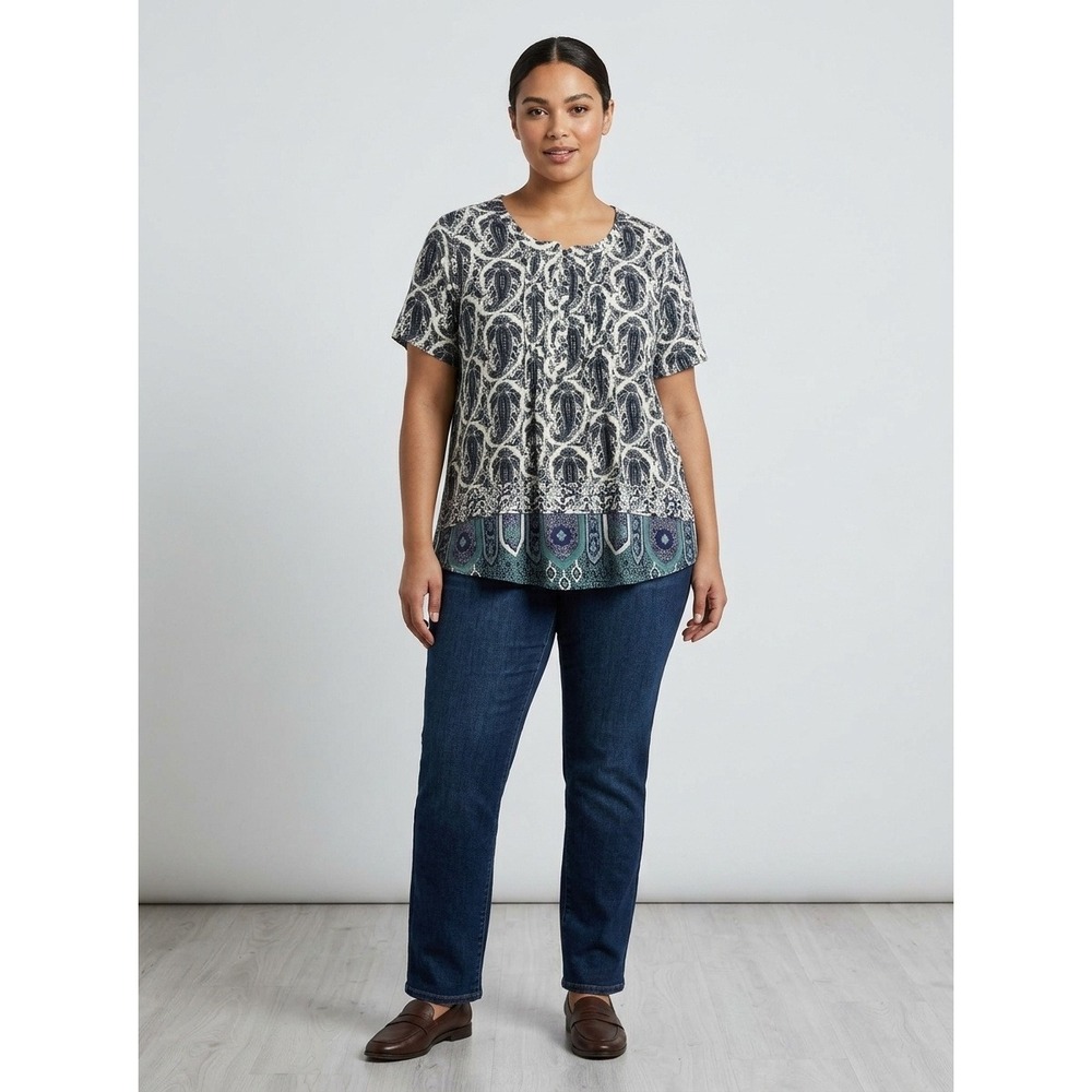 Rose + Olive Blouse Women Navy Blue Paisley Print Short Sleeve Top 3X